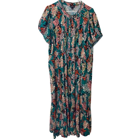 Torrid Green Floral Stretch Challis Pintuck Tiered Midi Dress Plus Size 3 3X - Picture 2 of 11